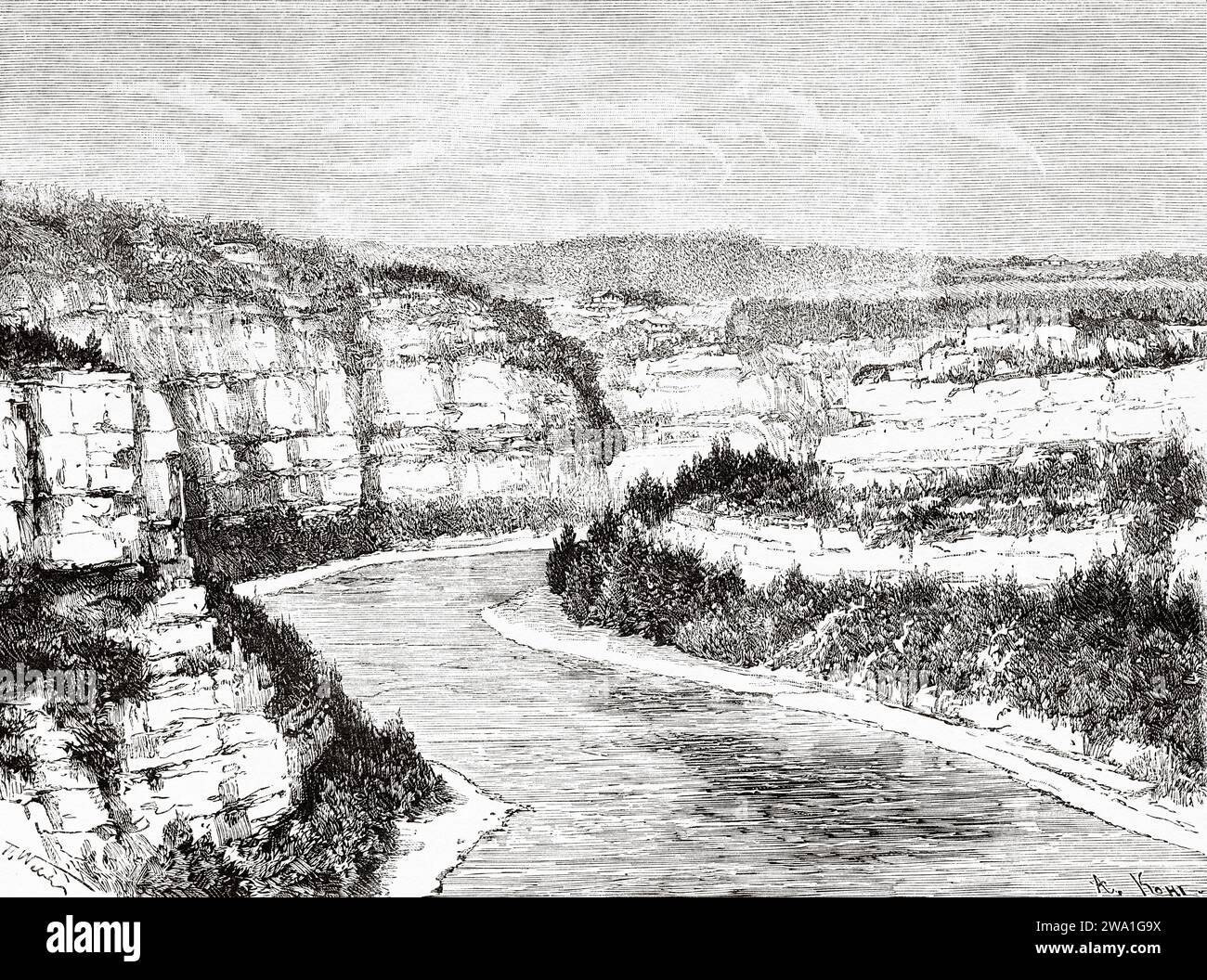 Bassins und Saut du Doubs. Bourgogne-Franche-Comté, Frankreich, Europa. Der Saut du Doubs, die französisch-schweizerische Grenze. Souvenir de Franche Comté Par Charles Joliet (1832 - 1910) Stich aus dem 19. Jahrhundert aus Le Tour du Monde 1880 Stockfoto