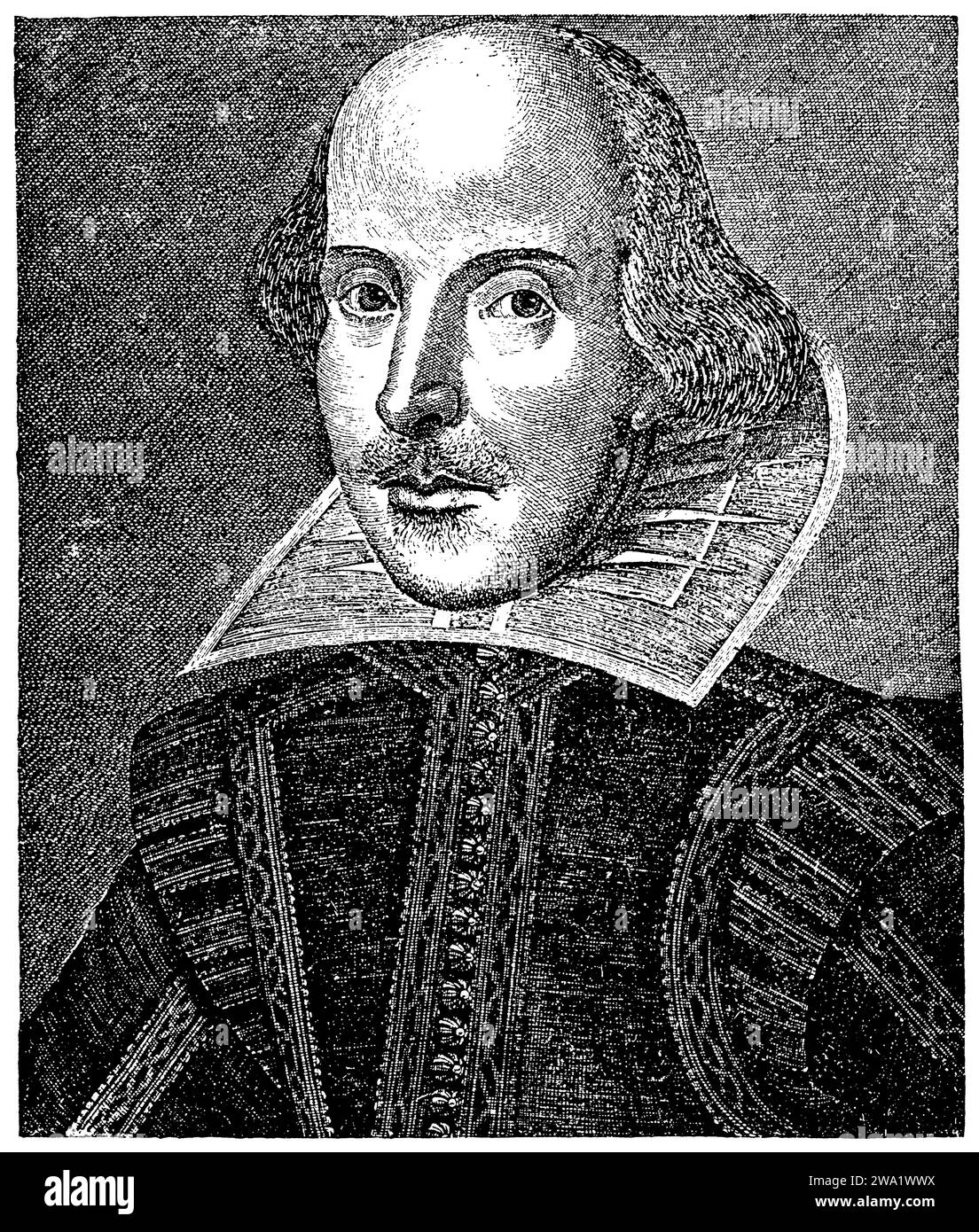 William Shakespeare (getauft am 26. April 1564 (Julianischer Kalender)–1616), englischer Dramatiker, als Schauspieler in der Rolle des Old Knowel in Ben Jonsons Every man in his Humor. Faksimile des Stiches von Martin Droeshout auf der Titelseite der ersten Folioausgabe von Shakespeares Theaterstücken aus dem Jahr 1623, ( literarisches Geschichtsbuch, 1896), William Shakespeare (getauft am 26. April 1564 (Julianischer Kalender)-1616), englischer Dramatiker, als Schauspieler in der Rolle des „Old Knowel“ in Ben Jonsons „Every man in his humour“. Faksimile des Stichs von Martin Droeshout auf dem Titelblatte der ersten Stockfoto