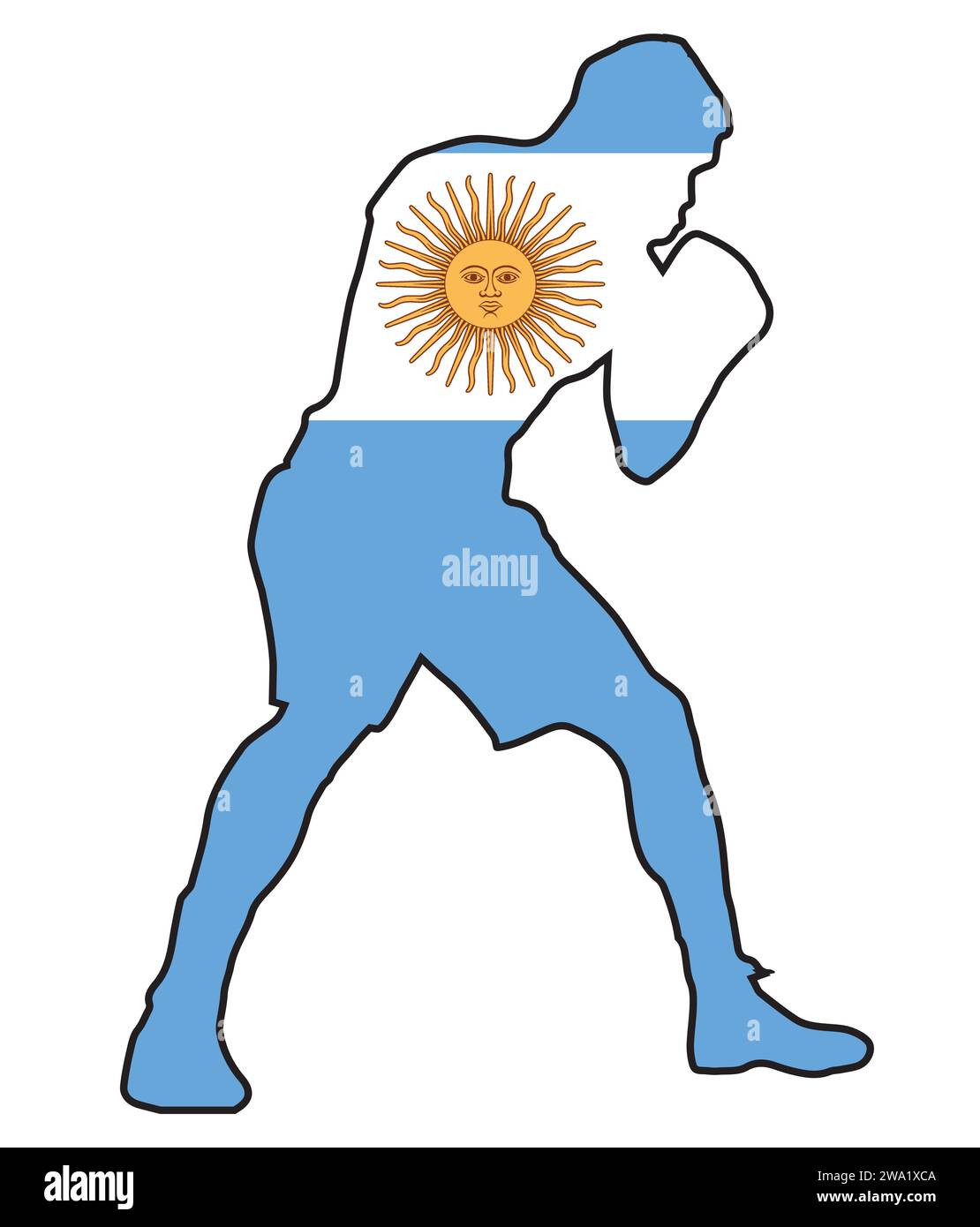 Silhouette eines schweren Boxers im Umriss über der Nationalflagge Argentiniens Stock Vektor