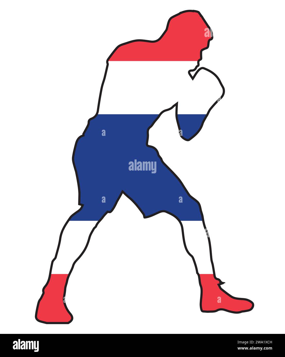 Silhouette eines schweren Boxers im Umriss über der Nationalflagge Thailands Stock Vektor