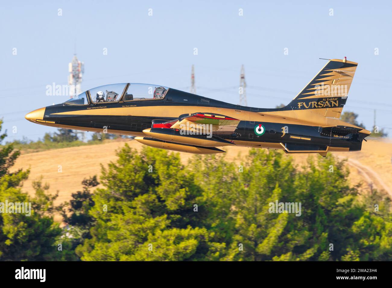 Tanagra Air Base - Griechenland 5. September 2023: Vereinigte Arabische Emirate - Air Force Aermacchi MB-339NAT auf der Tanagra Air Show Stockfoto
