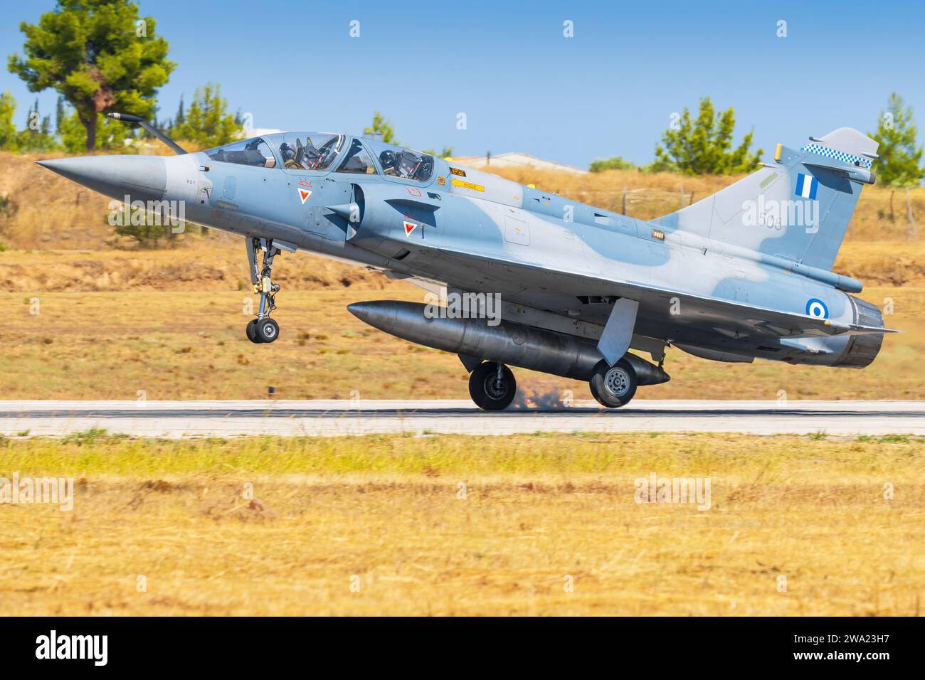 Tanagra Air Base - Griechenland 5. September 2023: Griechenland - Air Force Dassault Mirage 2000-5BG auf der Tanagra Air Show Stockfoto