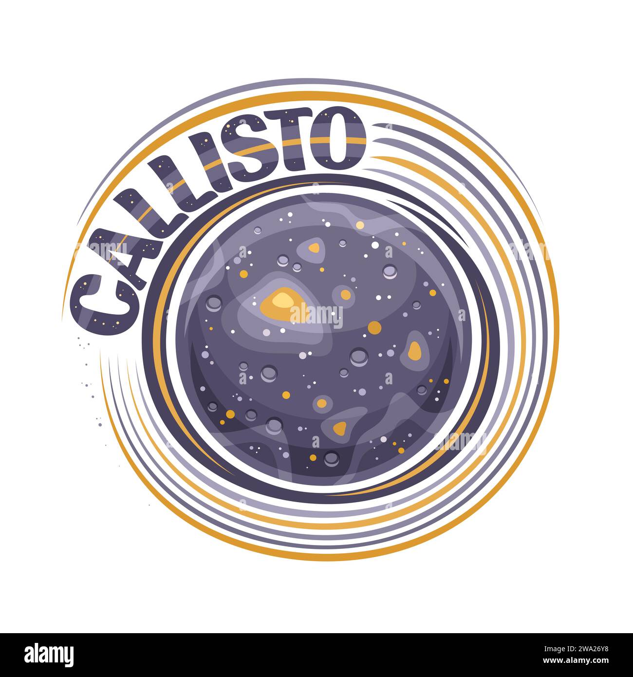 Vektor-Logo für Callisto, dekorativer kosmischer Druck mit rotierendem Mond callisto, Steinoberfläche mit Kratern und Bergen, Kosmo-Aufkleber mit einzigartigem Let Stock Vektor