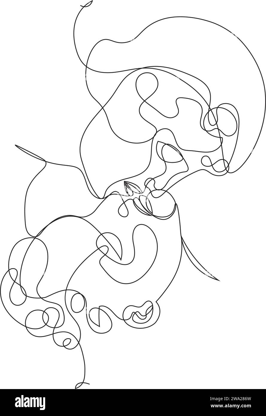 Abstrakte Schwarzweiß-Kunst, zwei Gesichter der Liebenden in einem Kuss, dargestellt durch eine durchgehende Linie Stock Vektor