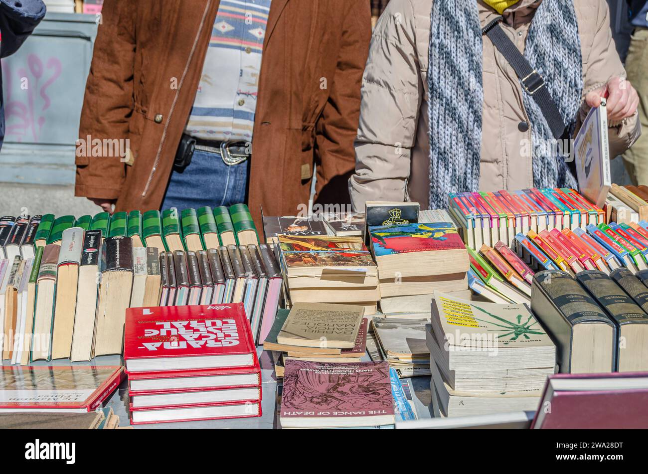 MADRID, SPANIEN - 23. FEBRUAR 2014: Besucher der Buchmesse Cuesta de Moyano, die sich in der Straße Claudio Moyano in Madrid befindet und für ihre Stände bekannt ist Stockfoto