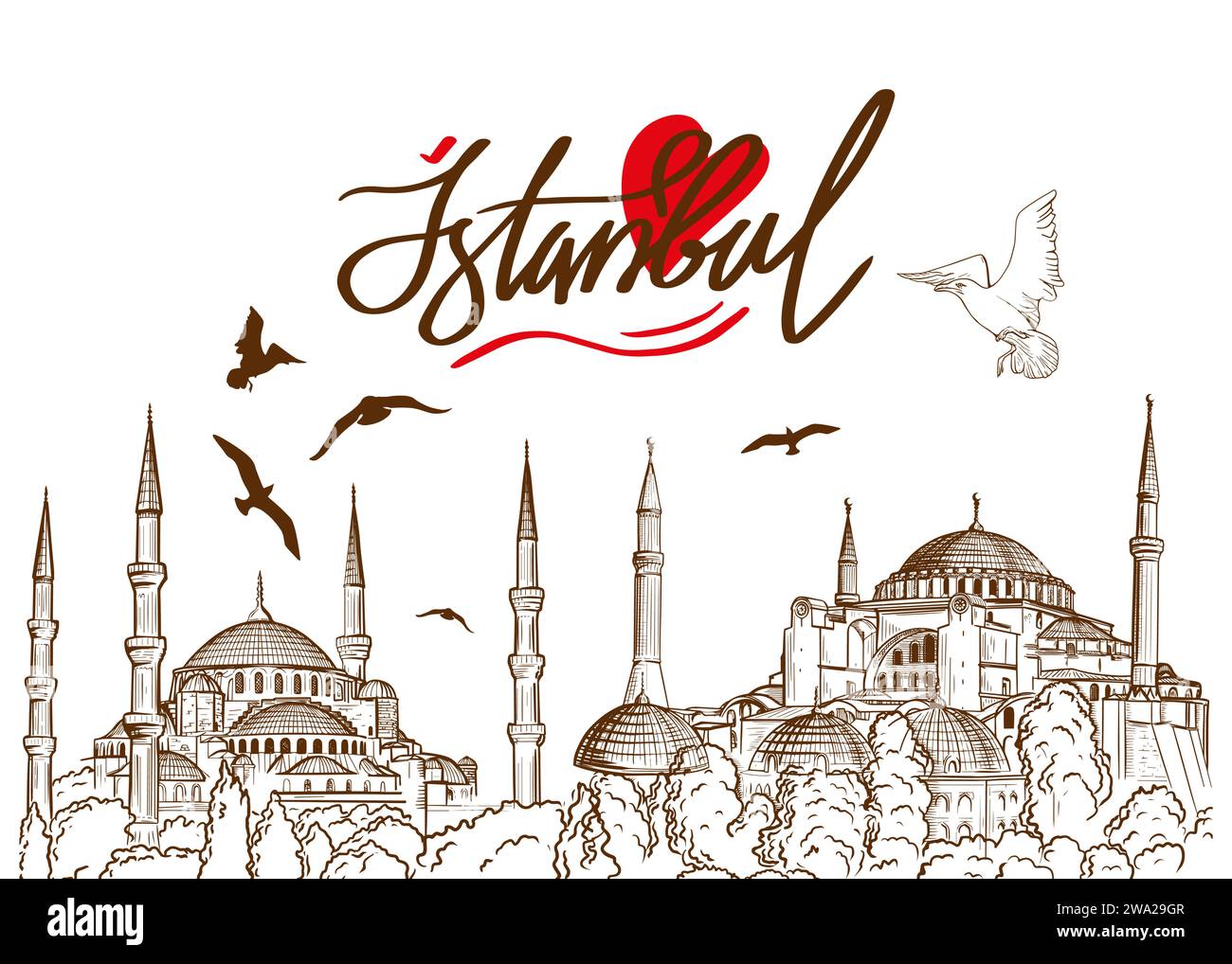 Skizzenzeichnung einer Ayasofya, Hagia Sophia Moschee und Blauen Moschee, Istanbul, Türkei. Design-Elemente türkischer Touristenattraktionen. Stock Vektor