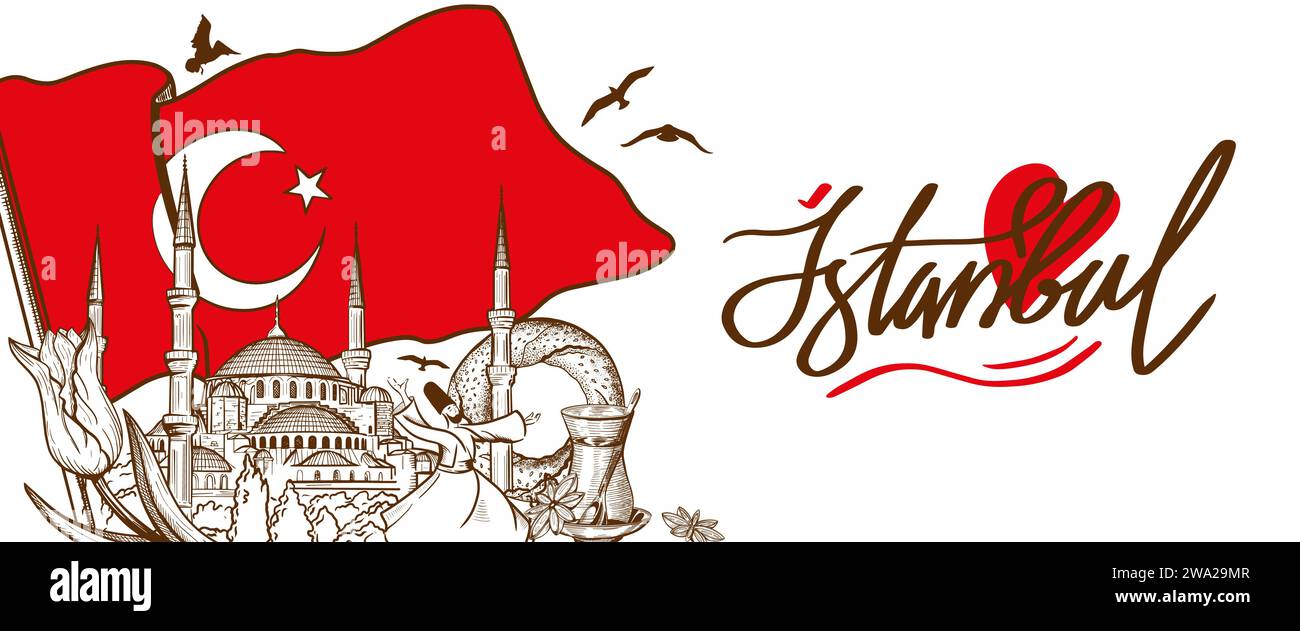 Zeichnung der offiziellen Flagge der Türkei, der Blauen Moschee, der Tulpe, des Tanzenden Derwischs und des Glases des Tees von Istanbul, Türkei. Türkischer Tourist Stock Vektor