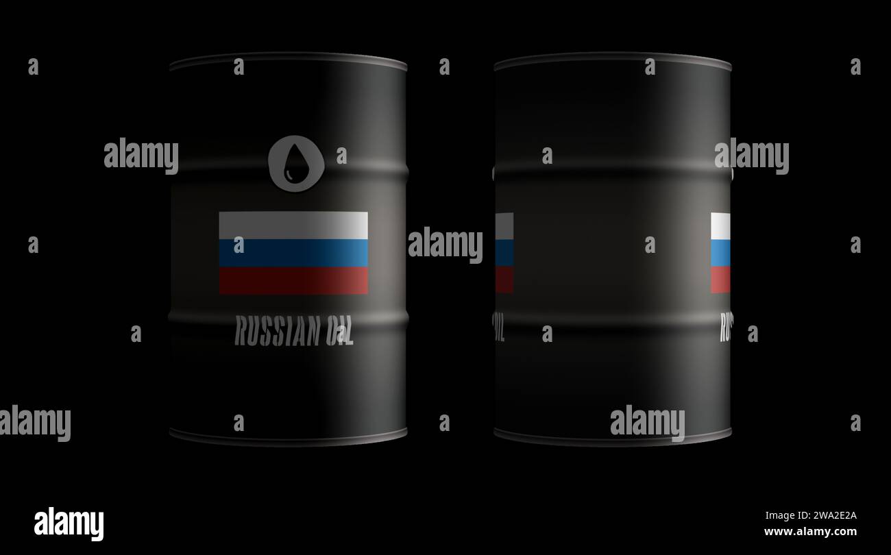 Russland Erdöl Rohöl-Brennstofffässer in Row-Konzept. Russisches Benzingeschäft und Industriecontainer für die Kraftstoffförderung 3D-Abbildung. Stockfoto