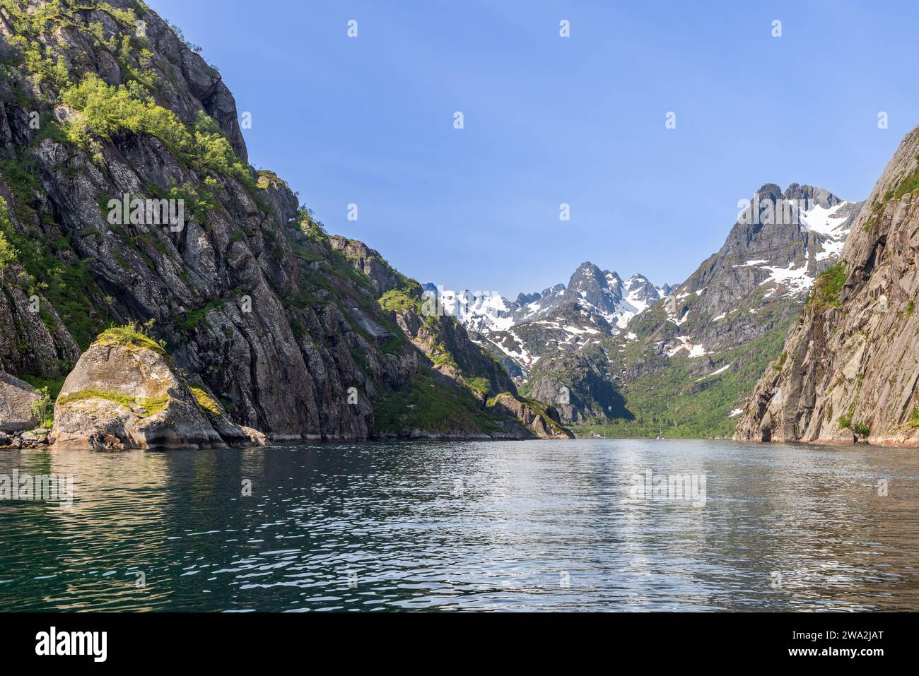 Der sonnendurchflutete Trollfjord in Lofoten, Norwegen, ist eine Symphonie der hellen Sommerfarben der Natur, mit zerklüfteten Klippen, die zu schneebedeckten Gipfeln führen. Stockfoto