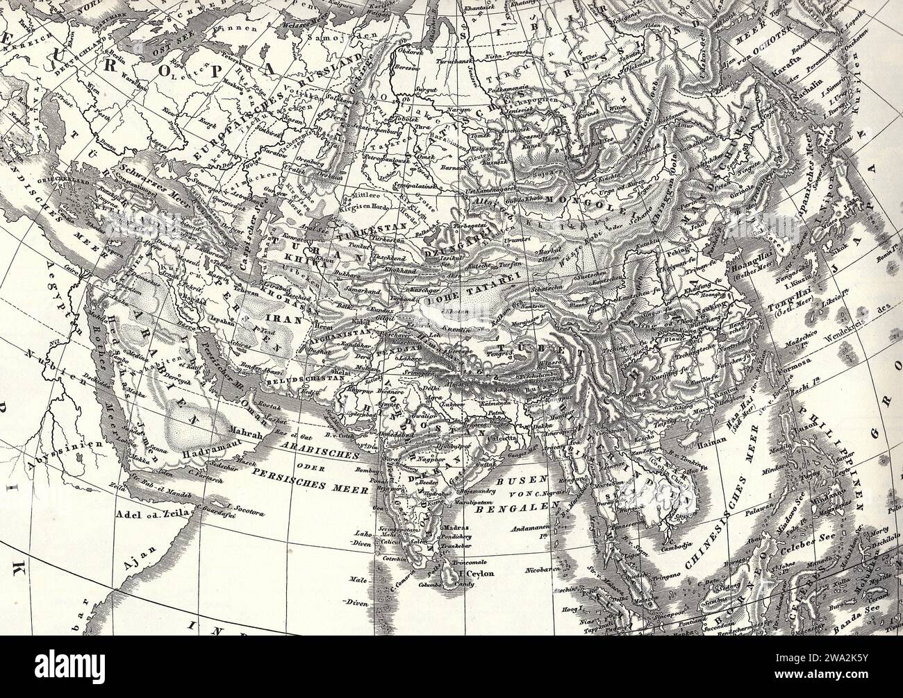 Eine historische Schwarzweißkarte Asiens auf weißem Hintergrund. Stockfoto