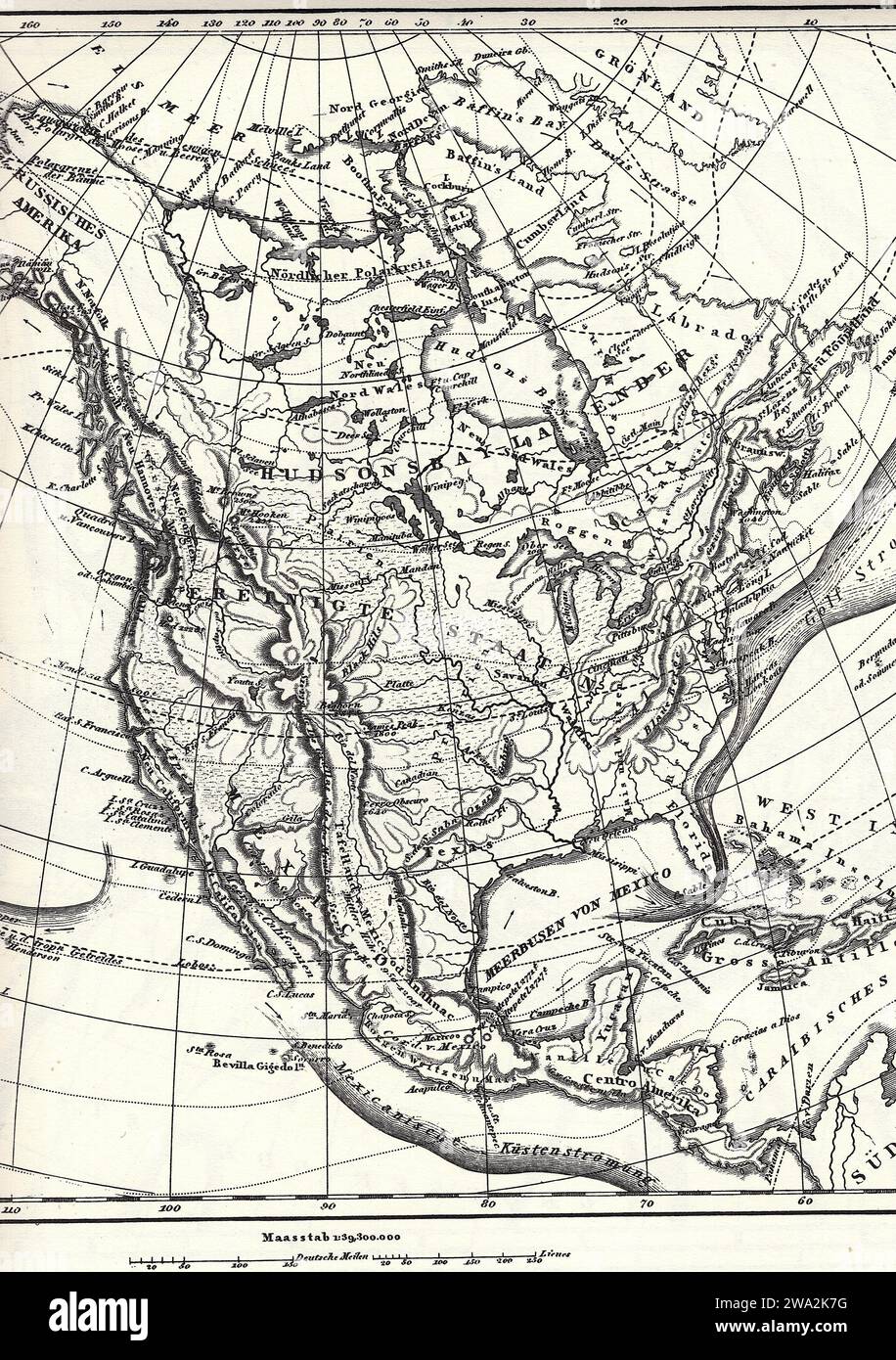 Eine historische Schwarzweiß-Karte von Nordamerika auf weißem Hintergrund. Stockfoto