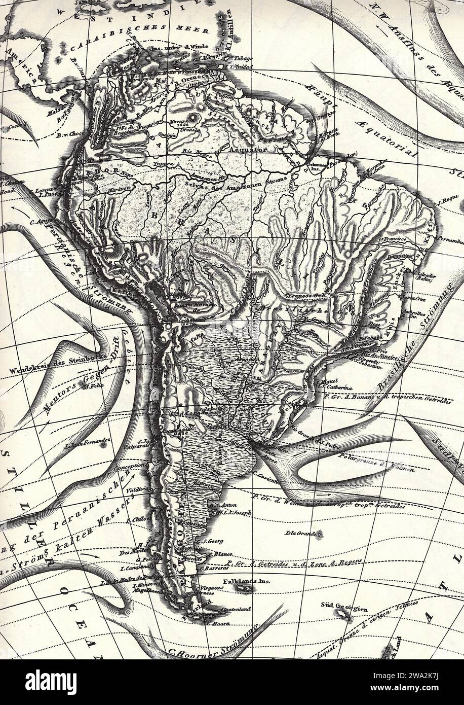 Eine historische Schwarzweiß-Karte von Südamerika auf weißem Hintergrund. Stockfoto