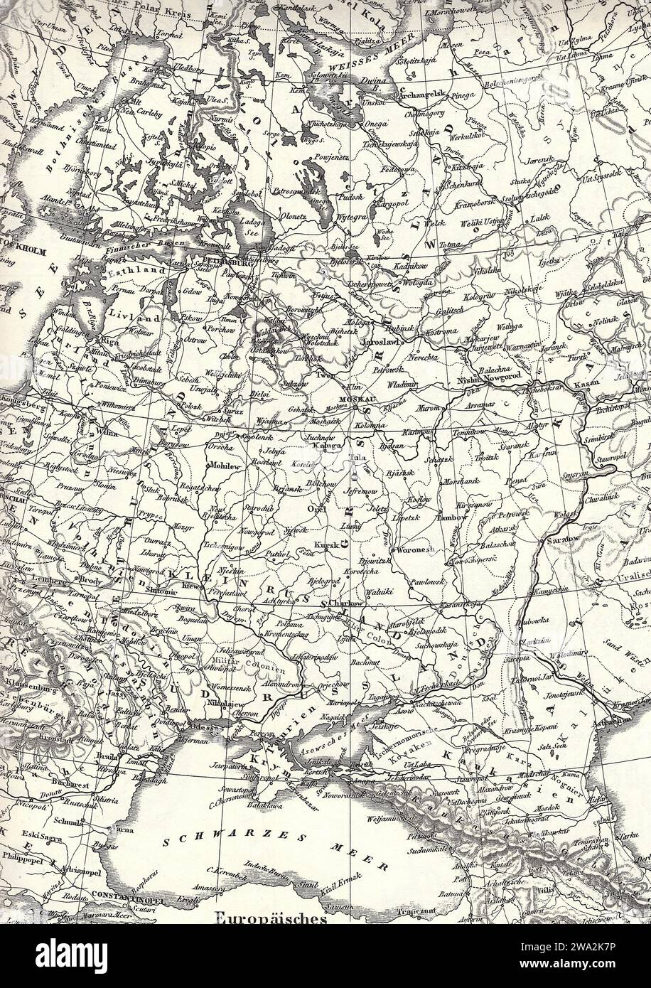 Eine historische Schwarzweißkarte Russlands auf weißem Hintergrund. Stockfoto