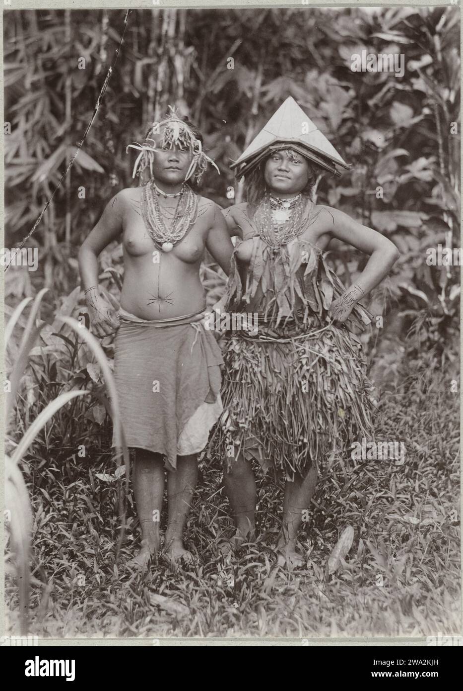 Porträt von zwei unbekannten jungen Frauen auf Pagai in der Gestation der Insel, 1891 - 1912 Fotografieren zwei junge Frauen auf Pagei in der Gestation der Insel. Das rechte Mädchen trägt einen Korbrock und das linke trägt ein Tuch um die Taille. Auf dem Kopf tragen sie Verzierungen mit einem dreieckigen Hut und einem Stirnband mit einem Schilf darunter. Beide Frauen tragen Halsketten. Mentawai-Eilanden Papieralbumendruck anonyme historische Personen, dargestellt in einem Doppelporträt - BB - Frau. Volkstracht, regionale Tracht Mentawai-Eilanden Stockfoto