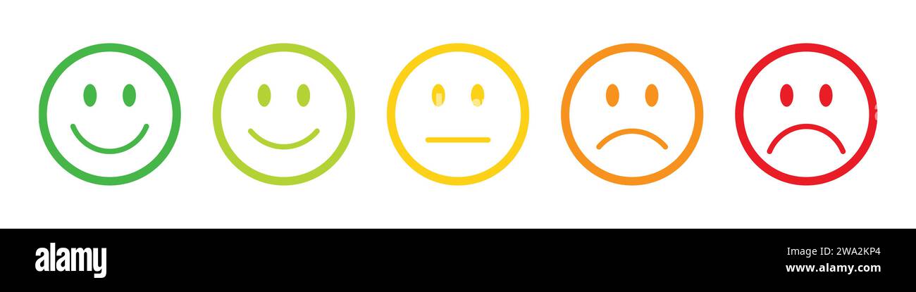 Bewertungsemojis in verschiedenen Farben. Feedback Emoticons Sammlung. Sehr glückliche, glückliche, neutrale, traurige und sehr traurige Emojis. Emojis mit flachem Symbol. Stock Vektor