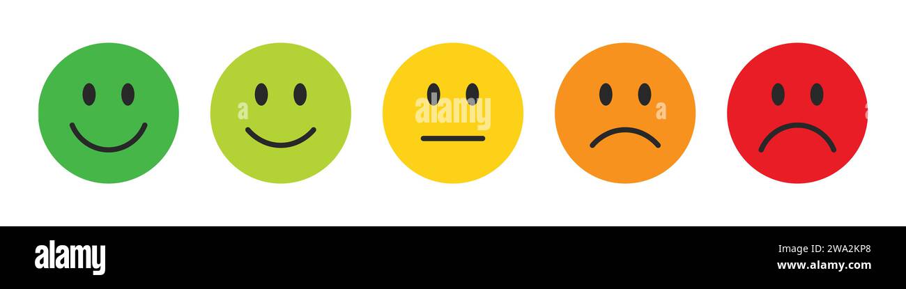 Bewertungsemojis in verschiedenen Farben. Feedback Emoticons Sammlung. Sehr glückliche, glückliche, neutrale, traurige und sehr traurige Emojis. Flache Symbolgruppe mit Emoticons. Stock Vektor