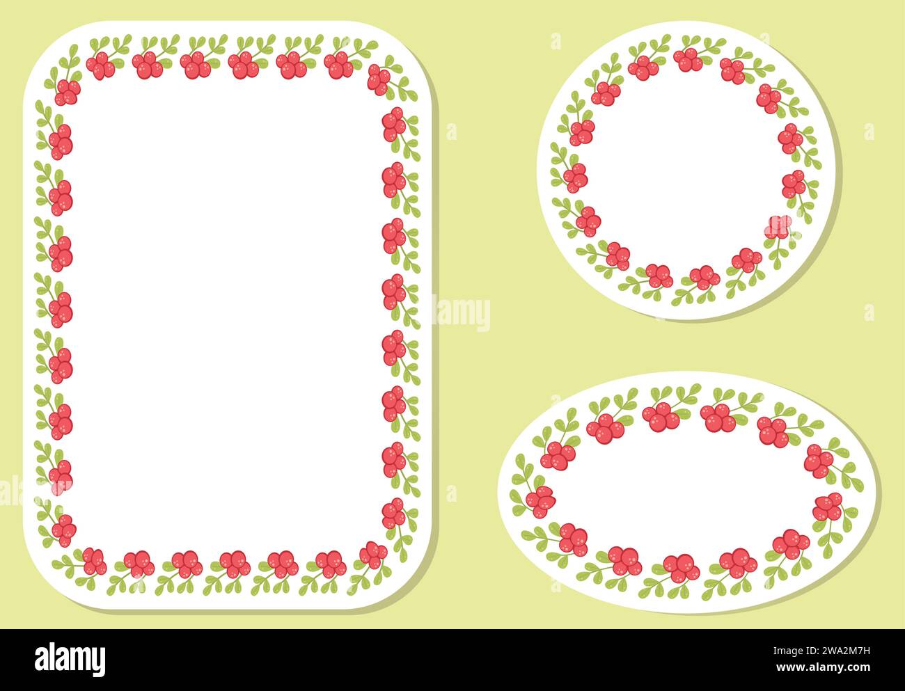 Set mit 3 Dekorationskränzen mit Ästen, Beeren und Blättern. Vektorabbildung. Rahmen, Kreise, Quadrat und Oval. Stock Vektor