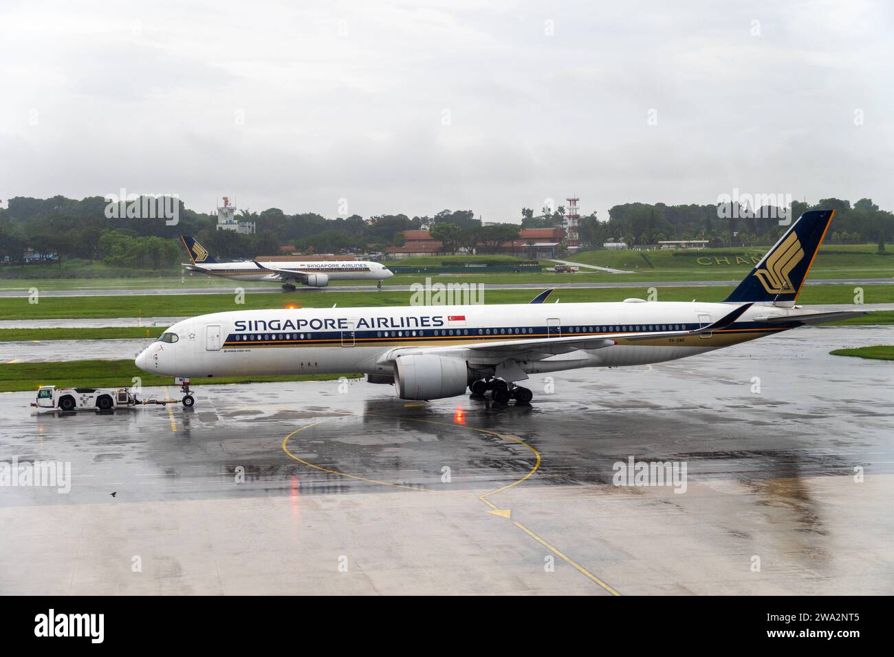 Singapur 1. Januar 2024 Singapore Airlines Flugzeuge auf der