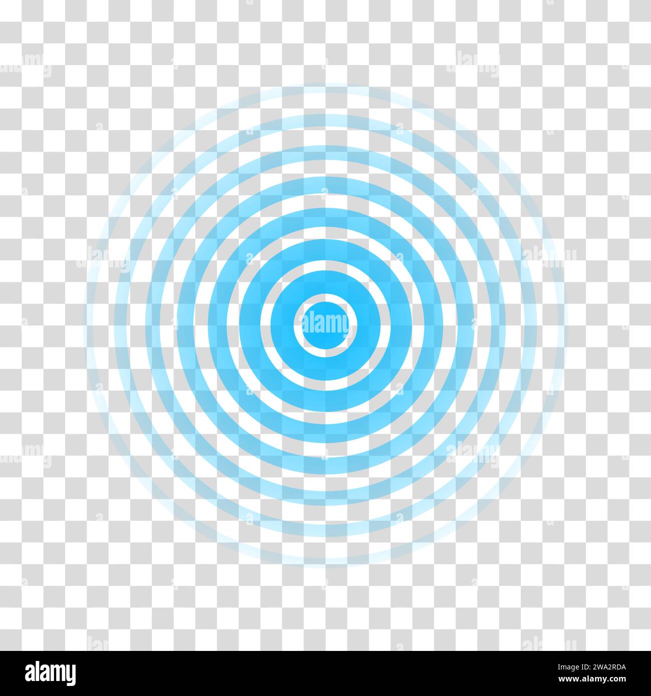 Kreisförmige Radarwelle. Symbol für Schallwelligkeit. Blauer Effekt, isoliert auf transparentem Hintergrund. Funksignal. Mustersonar. Schwingungsleitung. Radialstrahlen Stock Vektor