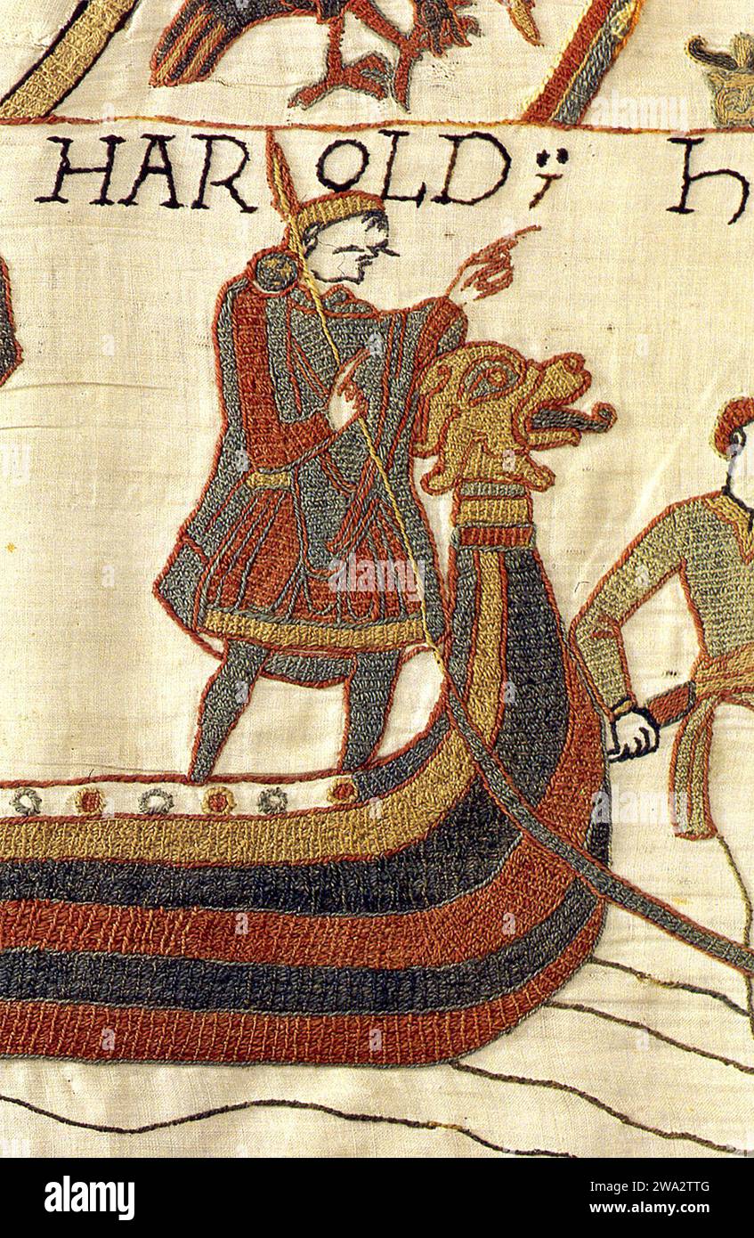 Harold Godwinson. Darstellung von Harold Godwinson (König Harold II. – Ca. 1022–1066) auf dem Teppich von Bayeux Stockfoto
