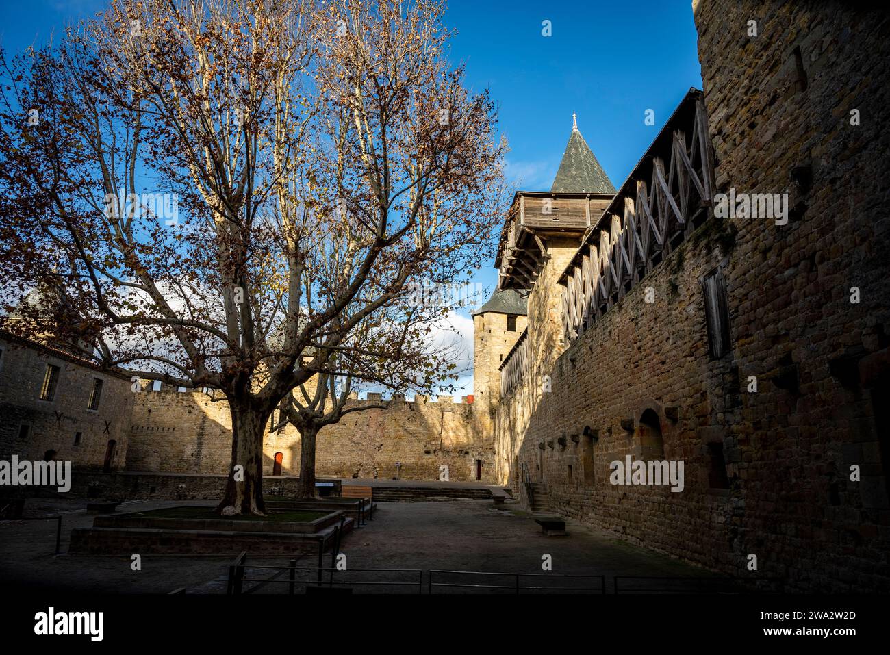 Château Comtal, große, restaurierte Burg auf einem Hügel aus dem 12. Jahrhundert, mit einem Museum in dieser berühmten, mittelalterlichen Stadt, La Cité, mittelalterliche Zitadelle, Carcasso Stockfoto