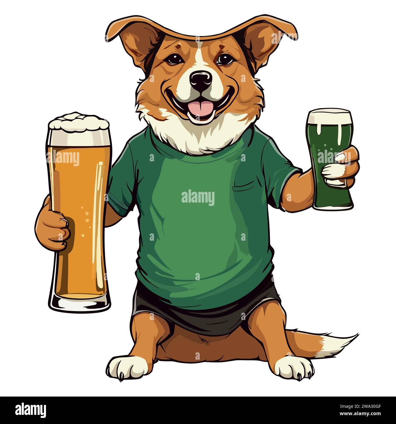 Hund mit einem Bierglas in der Hand, feiert mit Bier. Hundebekleidung Shirt Vektor Illustration Stock Vektor