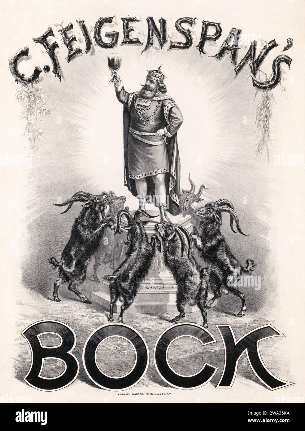 C. Feigenspans Bock - Werbetafel für altes und altes Bier c 1887 - Werbung für C. Feigenspans Bier, das einen König zeigt, der auf einem Sockel steht Stockfoto