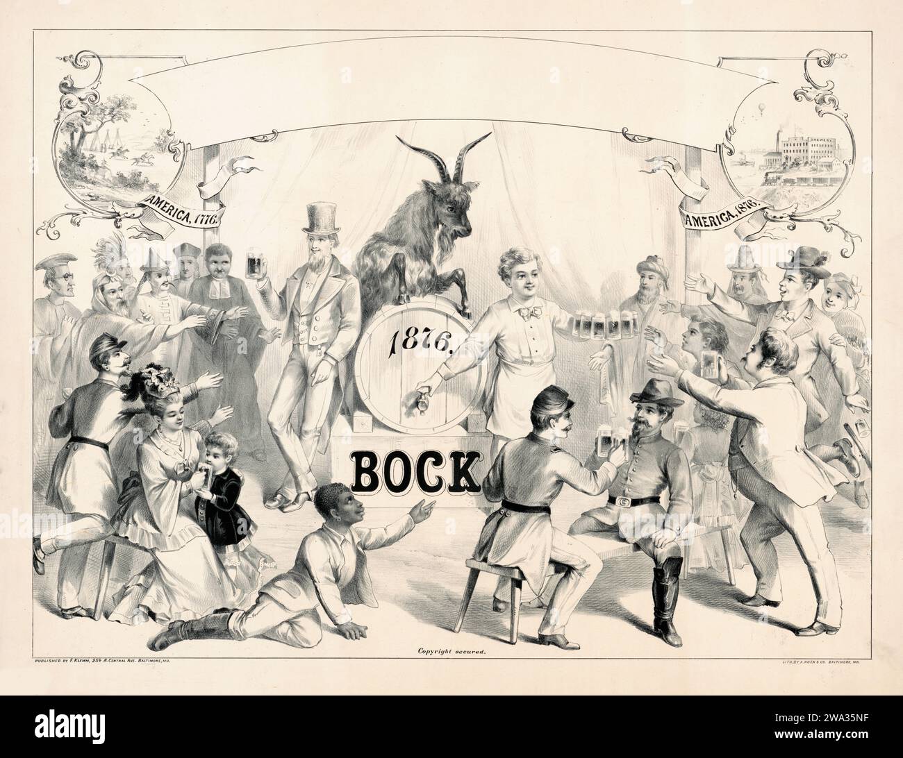 Bock Beer Advertisement Poster 1876 - Männer, Frauen und Kinder trinken Bier. Bock, die Ziege steht auf einem Fass Stockfoto