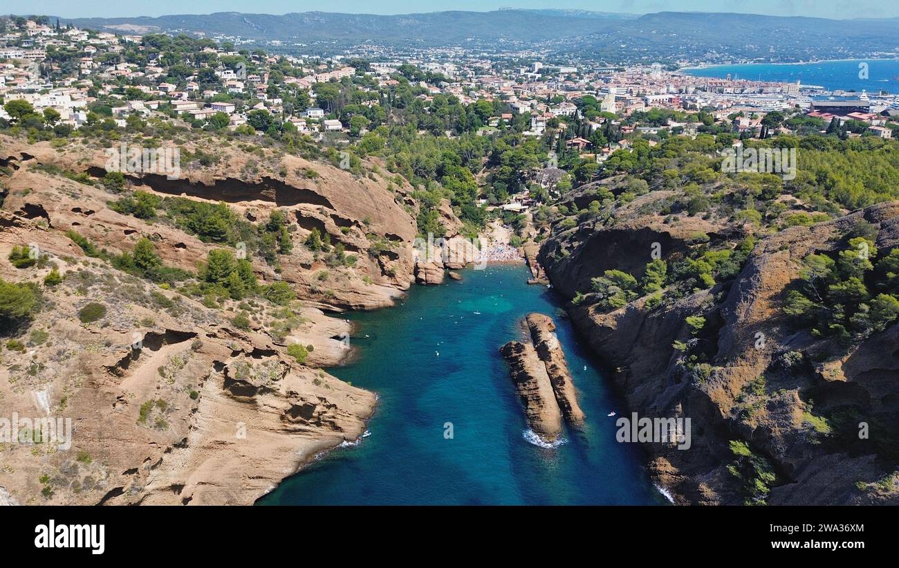 Drohnenfoto Figuerolles Cove, Calanque de Figuerolles La Ciotat frankreich Europa Stockfoto