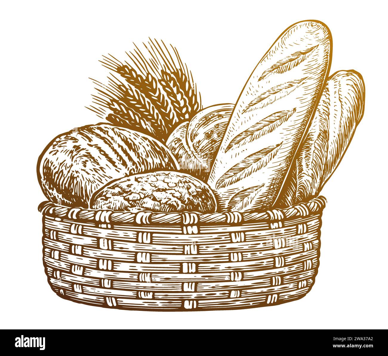 Korb mit frisch gebackenem Brot und Weizen. Vektor-Illustration für Bäckerei Stock Vektor