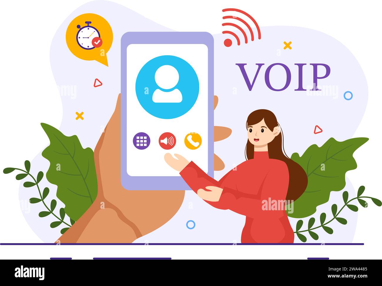 VOIP- oder Voice-over-Internet-Protokoll-Vektor-Illustration mit Telefonie-Schematechnologie und Network Phone Call Software in flachem Hintergrund Stock Vektor