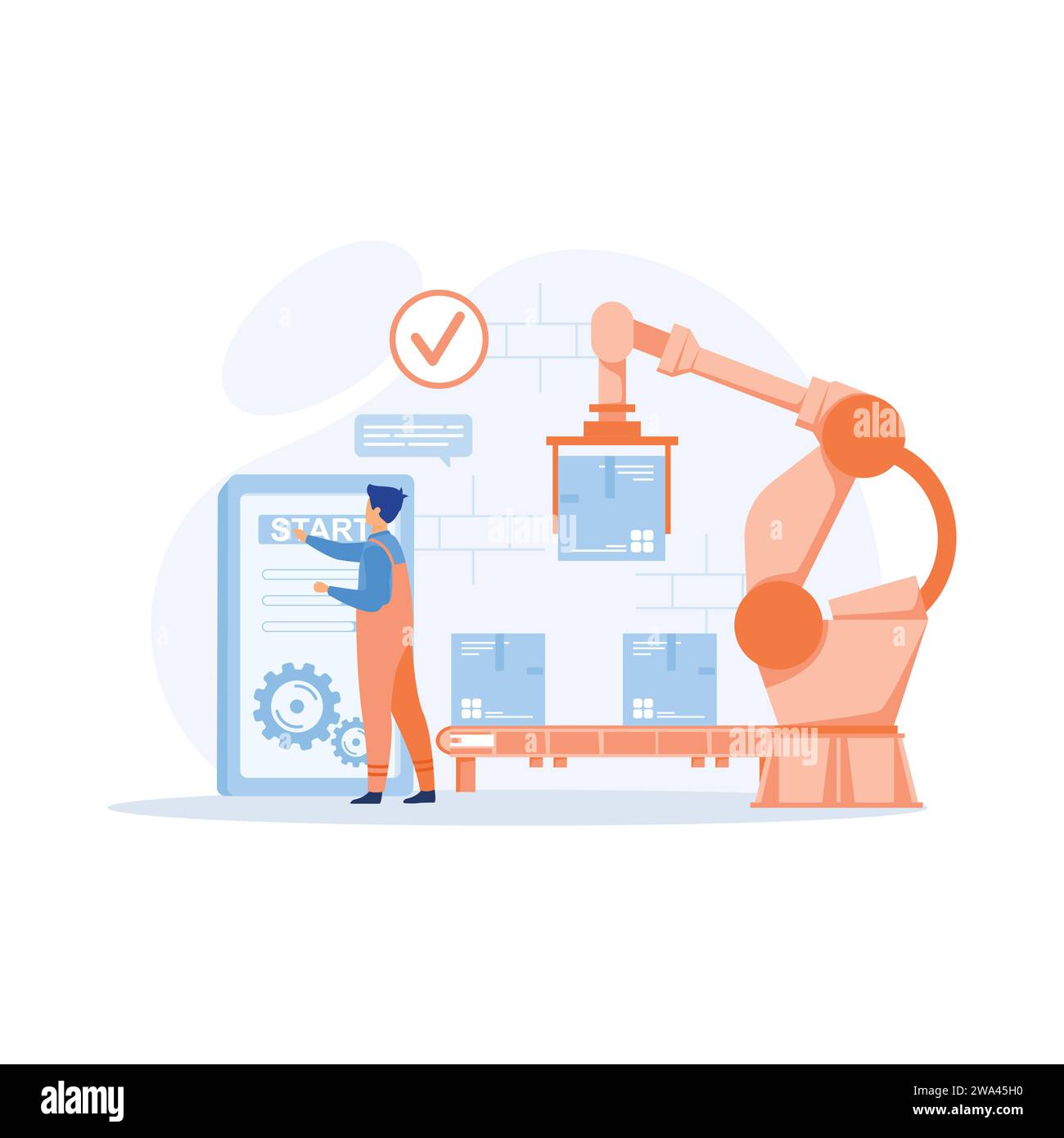 Intelligente Industrie. Ingenieur arbeitet mit interaktiver Schnittstelle, flacher Vektor, moderner Illustration Stock Vektor