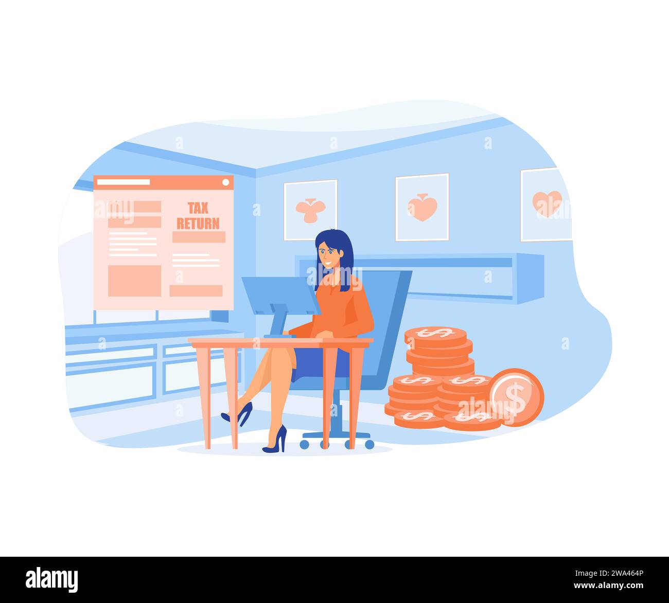 Steuererklärung Konzept. Winzige Geschäftsfrau Charakter sitzt am Arbeitsplatz Schreibtisch mit Computer in der Nähe riesiges Steuerrückerstattungsdokument, flacher Vektor moderne Illusion Stock Vektor