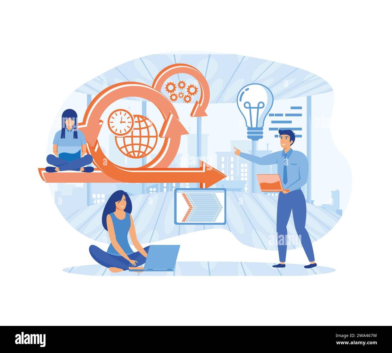 Scrum Framework, Team bespricht Aufgaben im Kanban-Vorstand. Scrum Meeting, Gespräch, Arbeiten auf Laptop.flache Vektor Moderne Illustration Stock Vektor