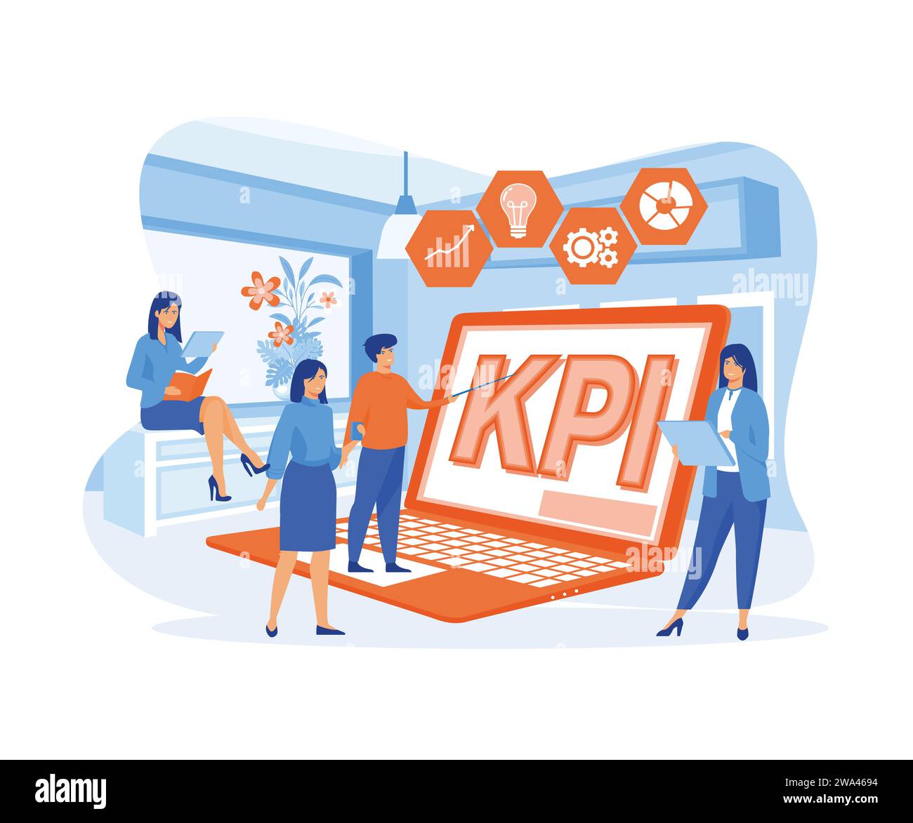 KPI-Datenbericht, KPI-Kennzahlen mit Geschäftszeichen und Infografik-Elementen. Moderne Illustration des flachen Vektors Stock Vektor