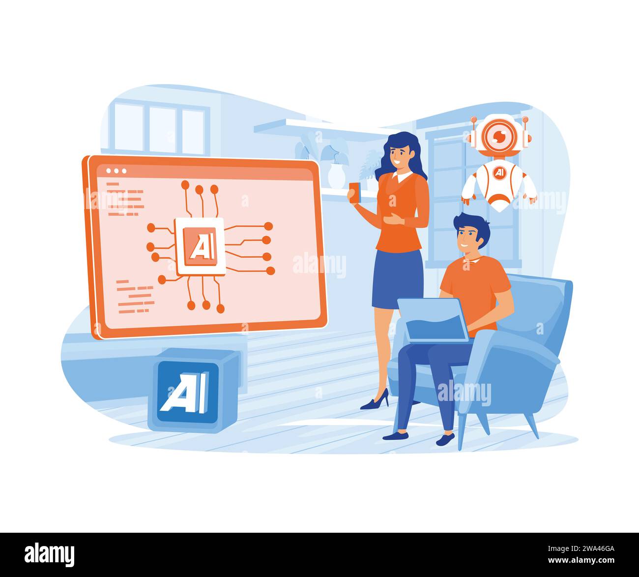 Digitales Gehirn mit neuronalem Netzwerk auf Laptop-Bildschirm. KI, maschinelles Lernen, Analyseinformationen. Moderne Illustration des flachen Vektors Stock Vektor