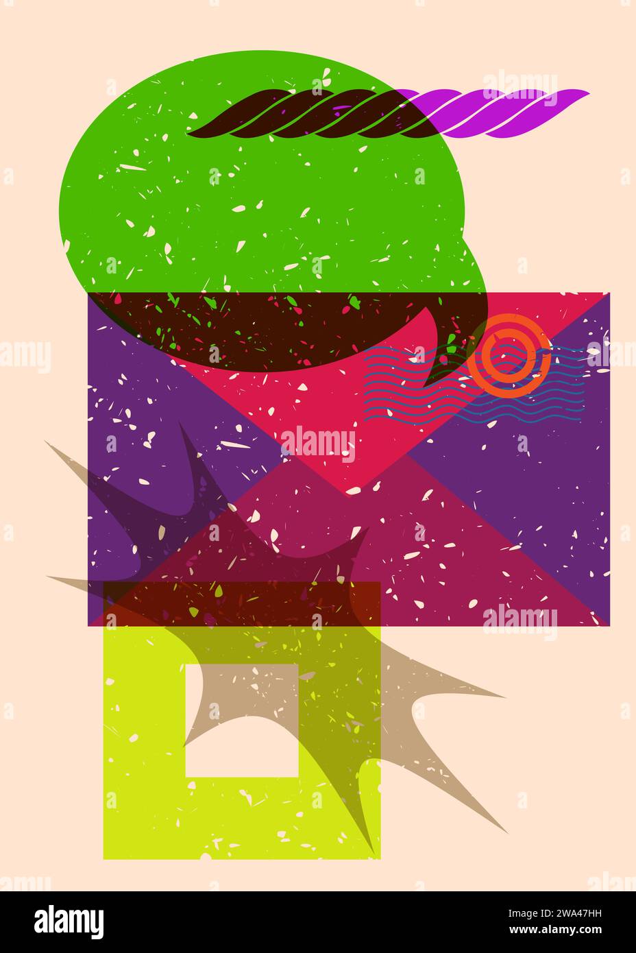 Briefumschlag für Risographen mit Sprechblase mit geometrischen Formen. Objekte in trendigem Riso-Diagramm drucken Textur-Design mit Geometrieelement Stock Vektor