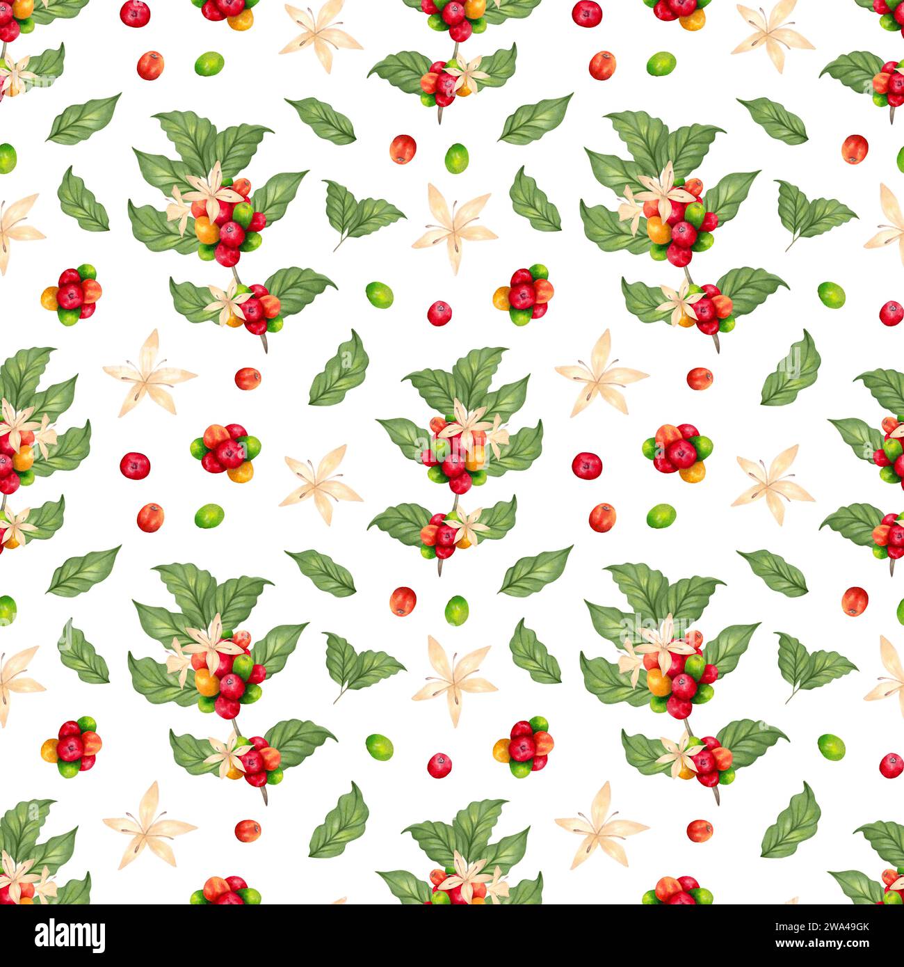 Nahtloses Muster von Kaffeezweigen, Beeren, Blumen. Kaffeetag. Aroma von Robusta- und Arabica-Sorten. Aquarellillustration. Geeignet für Stockfoto