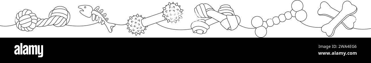 PET-Zubehörset. Hund Kauspielzeug, Fischknochen Skelett, Hund Schlepper, Knochen durchgehende einzeilige Illustration. Lineare Vektordarstellung. Stock Vektor