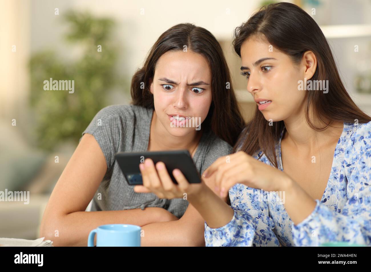 Zwei schockierte Freunde, die zu Hause Medien am Telefon anschauen Stockfoto