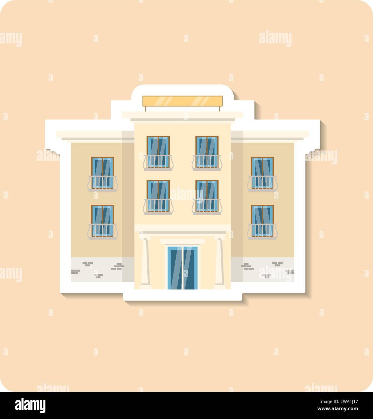 Illustration des Cottage-Aufklebers. Gebäude, Baum, Fenster, Tür. Editierbares Vektorgrafik-Design. Stock Vektor