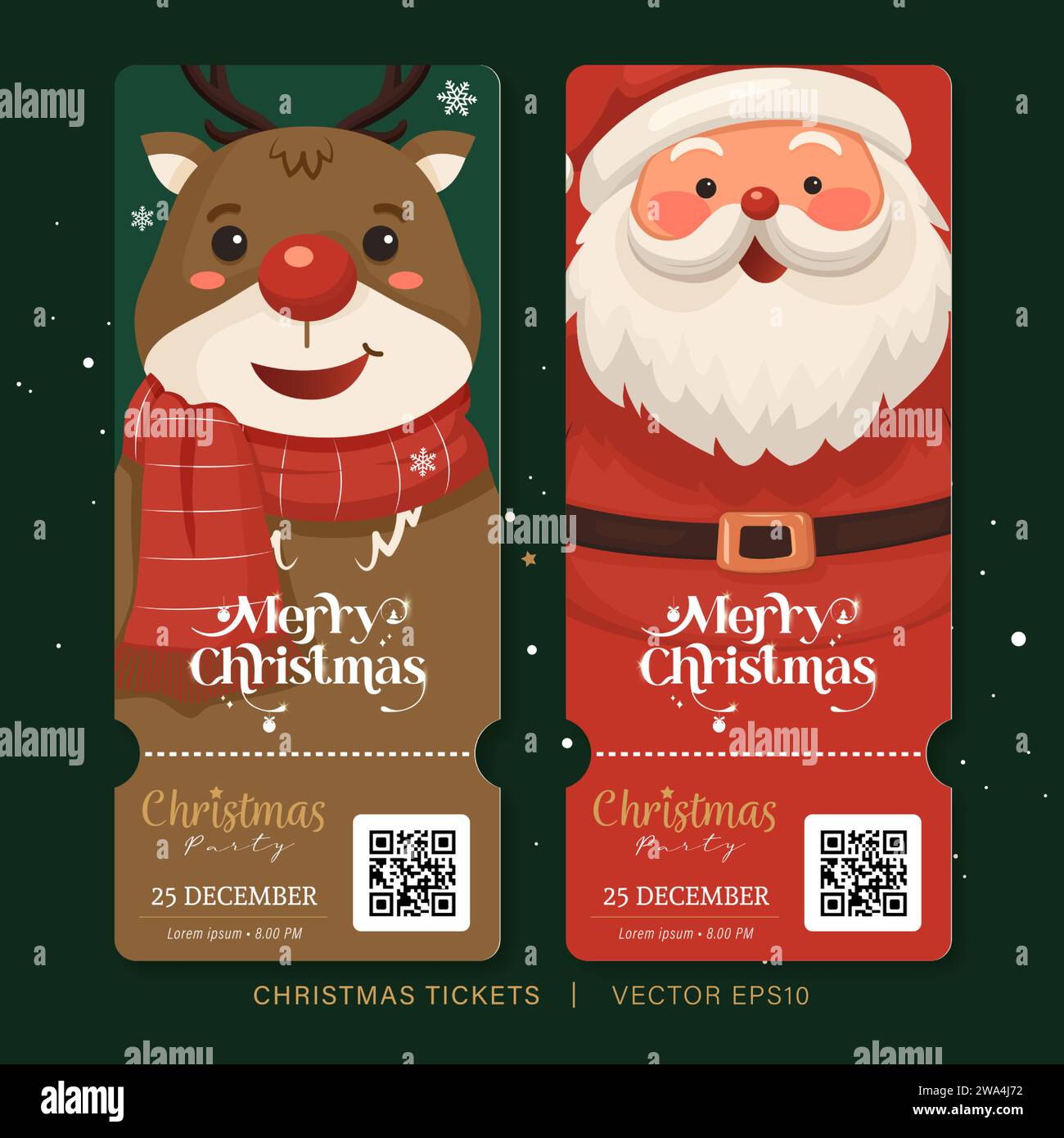 Ticket für Weihnachtsfeier oder Tag Vorlage mit Weihnachtsmann und Rentier Zeichentrickfiguren, Vektor-Illustration Stock Vektor