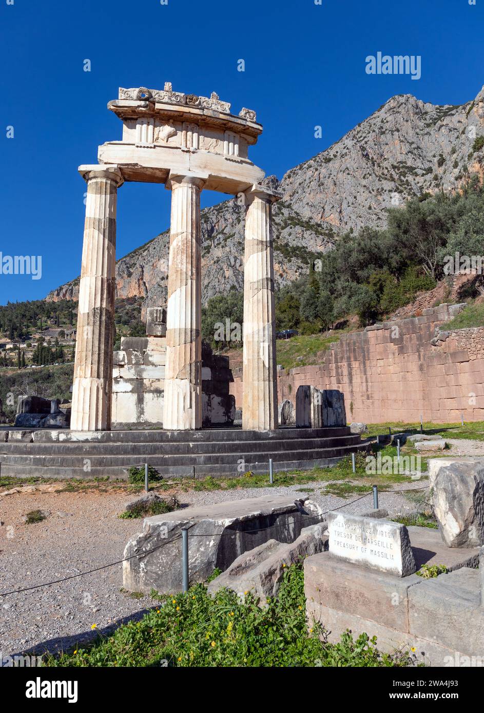 Tholos von Athena Pronaia im antiken Delphi, Griechenland. Stockfoto