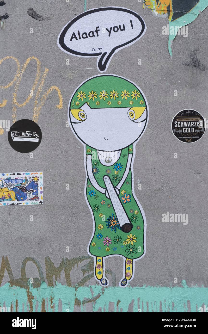 Street Art von Joiny in Köln-Nippes. Seit 2013 ist die Figur Joiny in den Straßen von Köln zu finden. Stockfoto