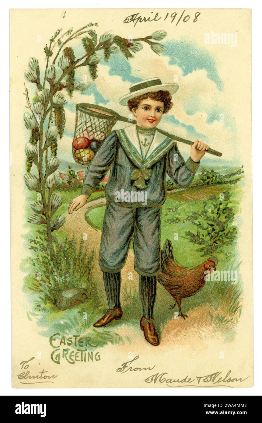 Original edwardianische Ostergrüßkarte mit Prägung, Junge mit Seemannsanzug und Fischernetz aus Eiern, datiert im April 1908 auf der Vorderseite., Großbritannien Stockfoto