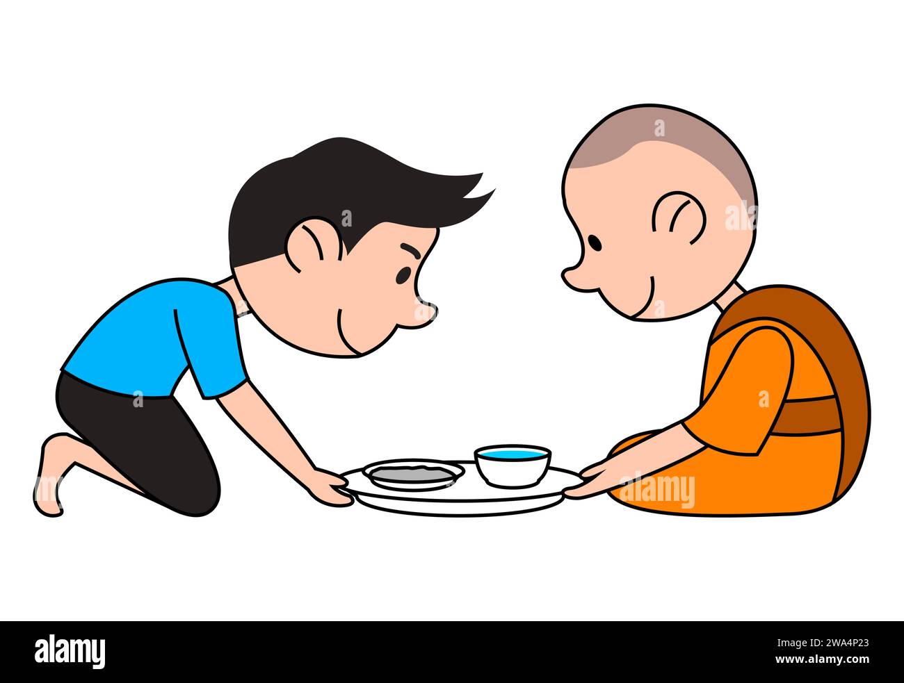Buddhistischer Mann gibt Nahrung zu Mönch-Cartoon-Version Design, Vektor-Illustration Stock Vektor