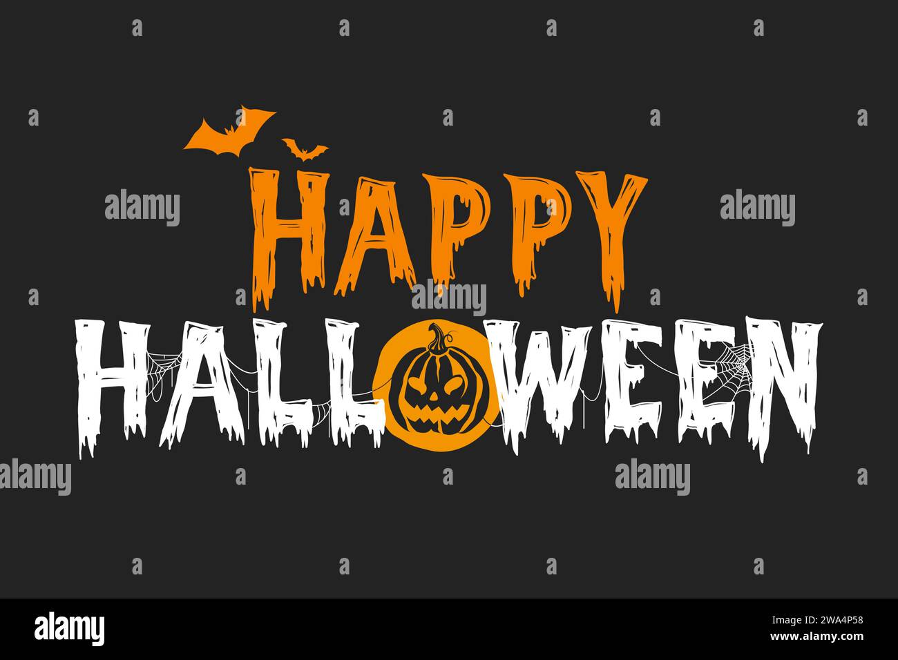 Happy Halloween Textbeschriftung Typografie mit Dekorationselementen auf schwarzem Hintergrund, Vektor-Illustration Stock Vektor