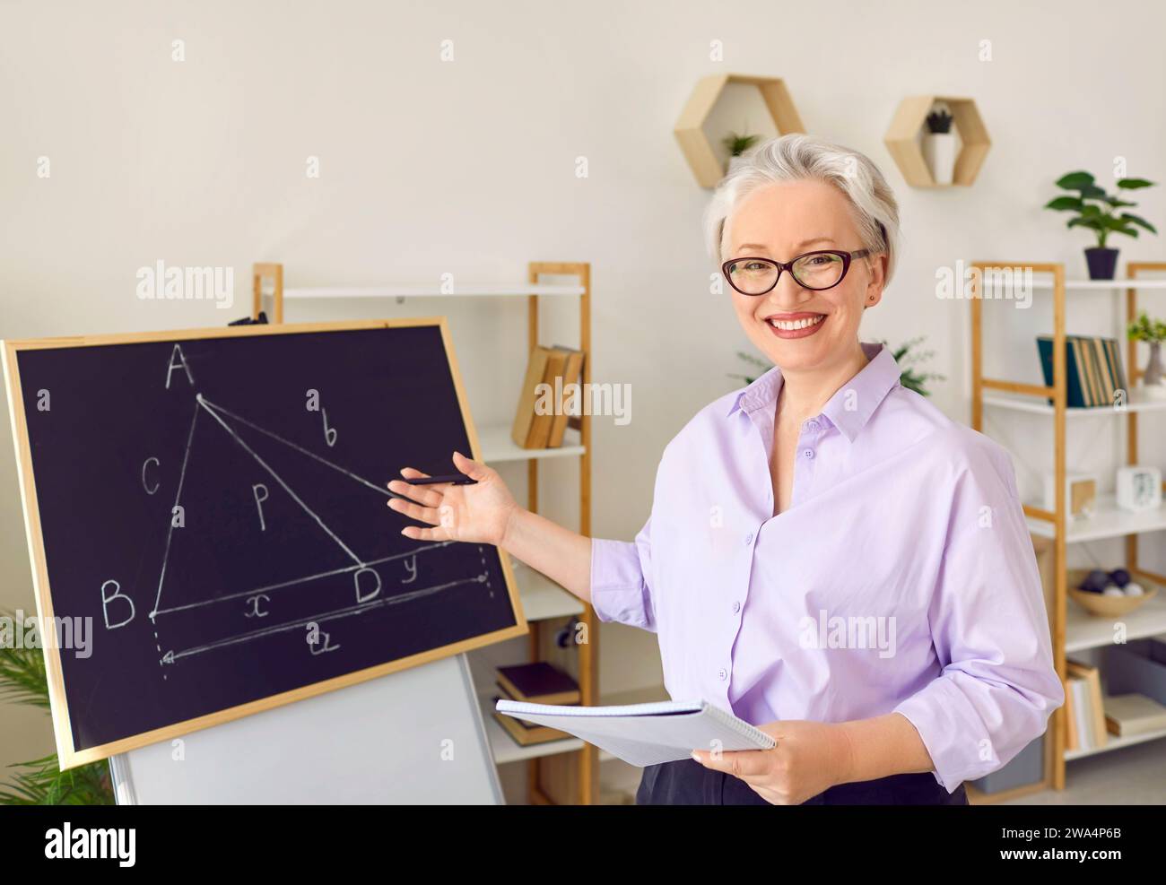 Porträt eines glücklichen Online-Mathematiker-Lehrers, der auf die Tafel der Schule zeigt Stockfoto
