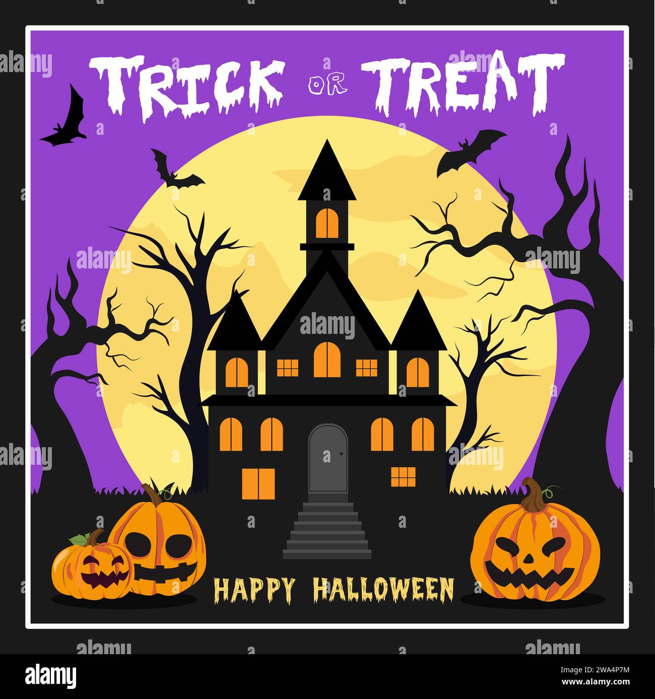 Halloween Poster Cover Design mit Spukhaus Silhouette und Jack-o-Laterne Kürbisse, Vektor Illustration Stock Vektor