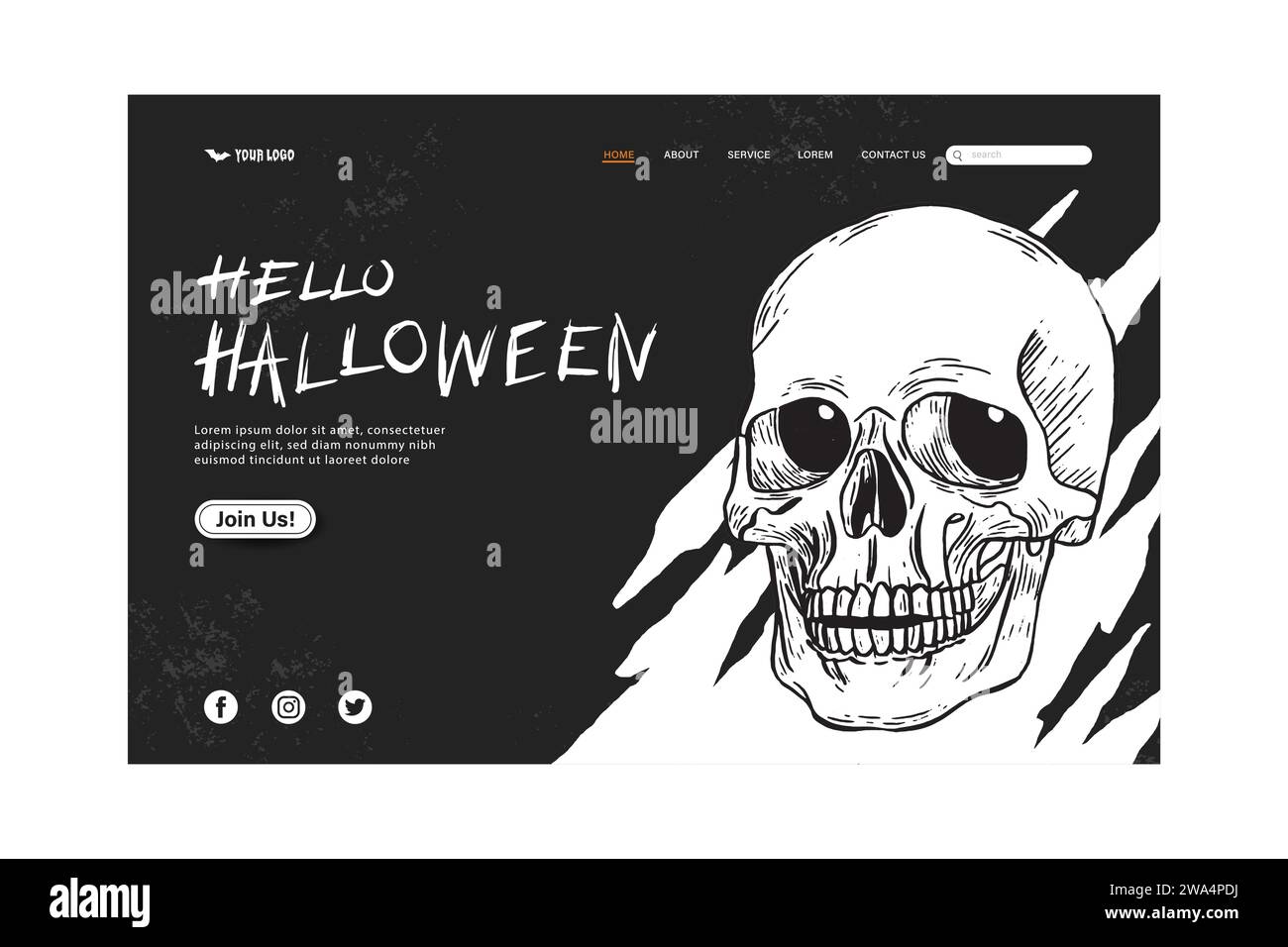 Halloween Web Vorlage Cover Design mit Schädel in schwarz-weißem Hintergrund, Vektor-Illustration Stock Vektor